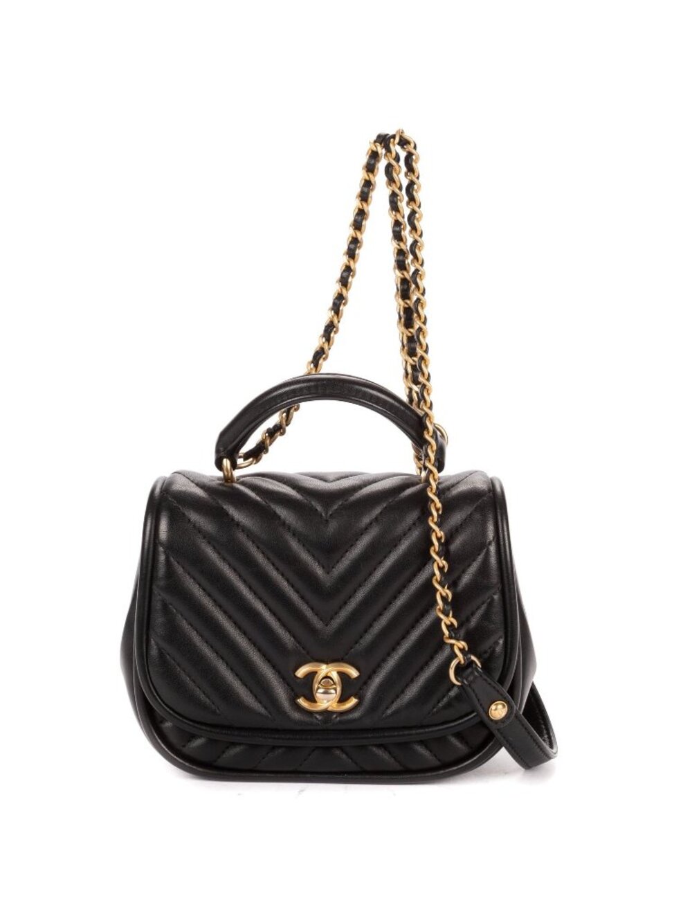 Chanel Reverse Top Handle Chevron Flap Bag Black Lambskin